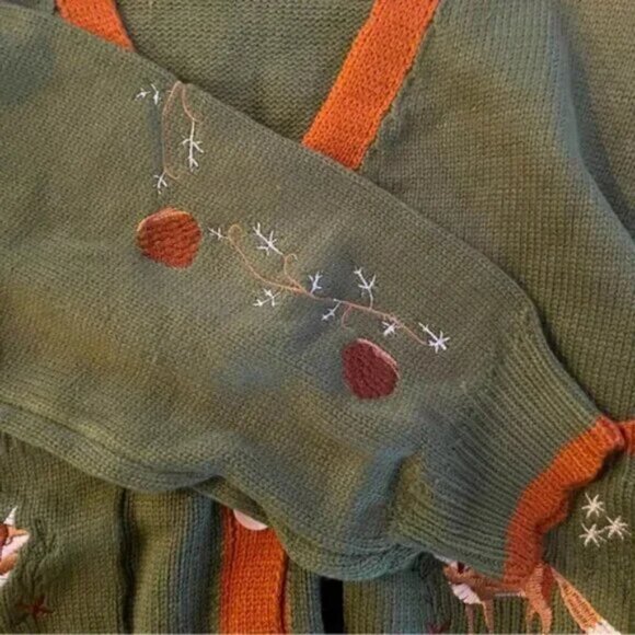 Button Up Fox Nature Army Green Cardigan With Pockets - Picture 5 of 7